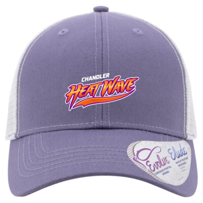 Ladies PRINTED "Charlie" Modern Trucker Cap - Purple/Orange Logo Thumbnail